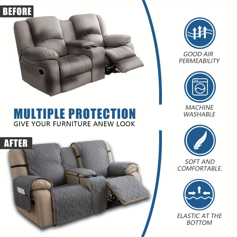 Recliner Loveseat Cover 4 Piece Set Waterproof Split Dual Recliner Sofa Slipcover with Center Console Cover & Straps
