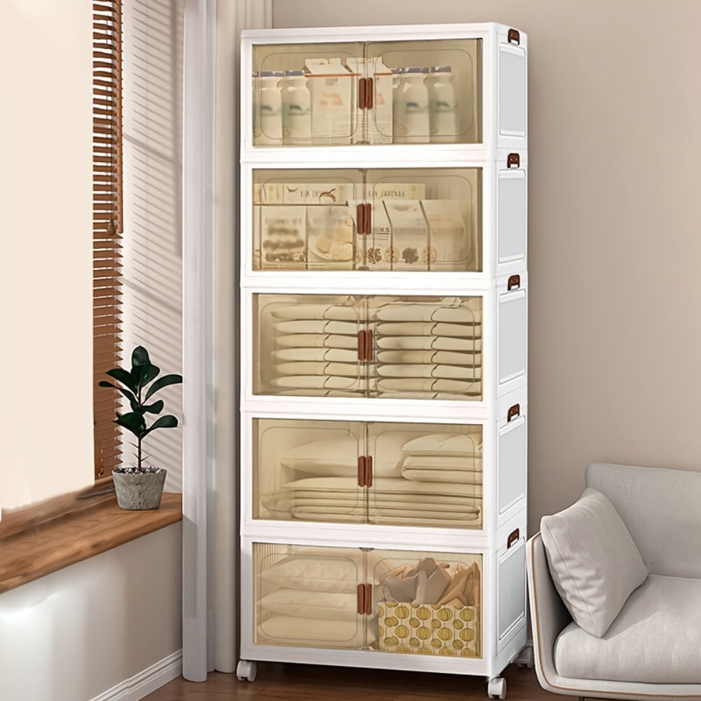 Storage Cabinet Collapsible Modular Locker with Magnetic Doors, Wheels and One to Five Layers