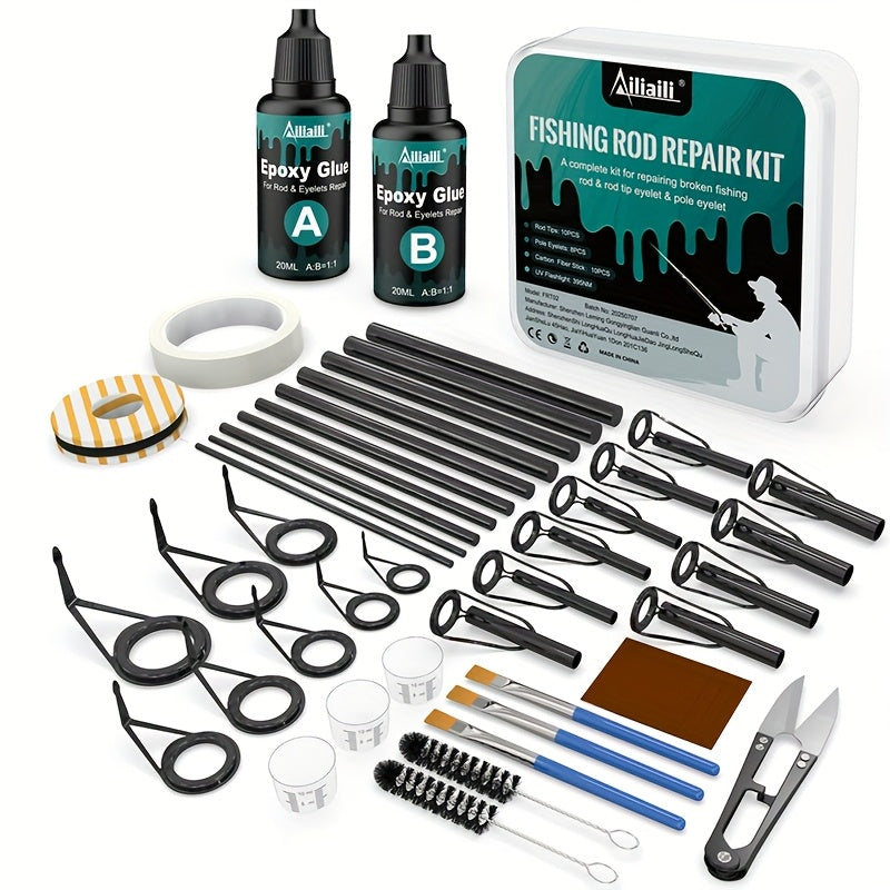 Fishing Rod Repair Kit with Top Rings Guides AB Epoxy Glue Winding Line Textured Paper Complete Rod Break Fix Set Iron Rod Guides