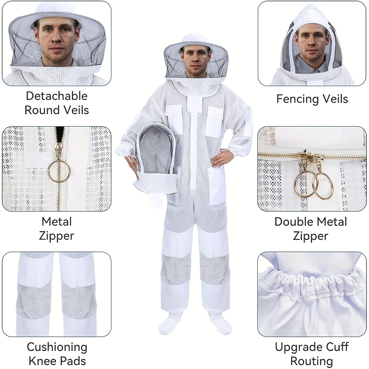 Beekeeping Suit Triple Layer Sting-Resistant Gloves 2 Veils S-3XL for Garden, Patio and Yard Use