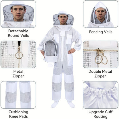 Beekeeping Suit Triple Layer Sting-Resistant Gloves 2 Veils S-3XL for Garden, Patio and Yard Use