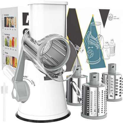 Rotary Cheese Grater with Hand Crank, 3 Interchangeable Blades for Cheese, Vegetables & Nuts, Suction Base