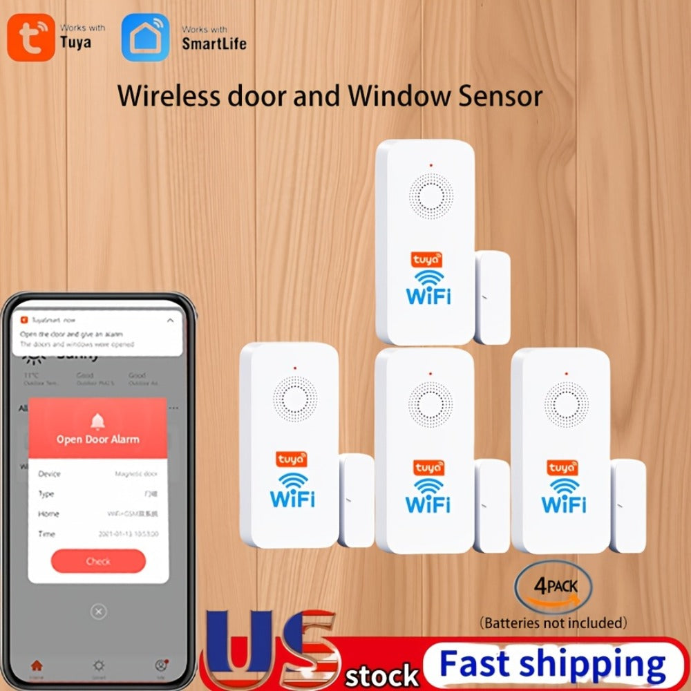 WiFi Door and Window Sensor 4-Pack, Tuya Smart Home Security Alarm System, No Hub Required, App Control