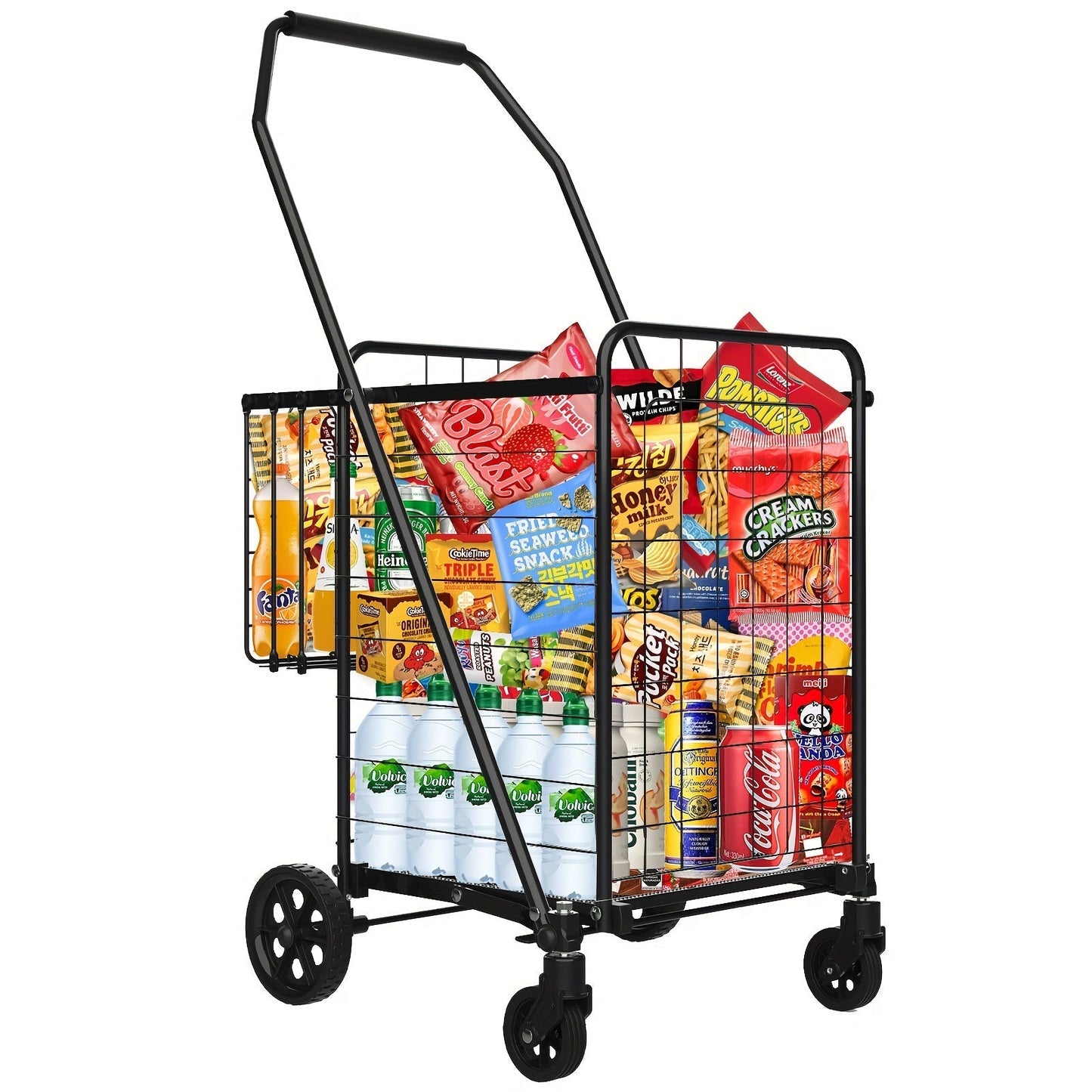 Folding Grocery Cart on Wheels, Double Basket Shopping Cart for Groceries Laundry Foldable Utility Cart