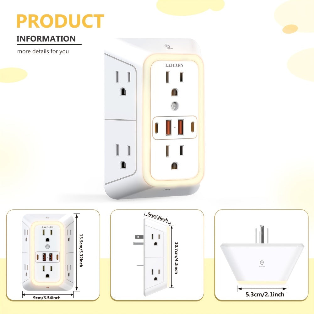 3-Sided Wall Outlet Extender 10-in-1 with 6 AC Outlets & 4 USB Ports (2 USB-A & 2 USB-C) for an Everyday Personal Care Routine