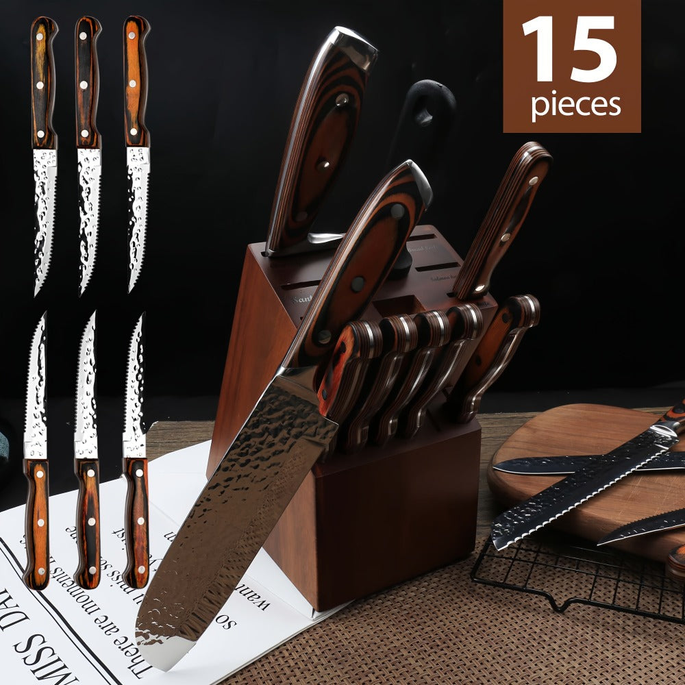 Kitchen Knife Set 15-Piece & 20-Piece Professional Chef Knives with Block Sharpener Ultra-Sharp Medium Carbon Stainless Steel Hammered Blade