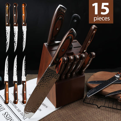 Kitchen Knife Set 15-Piece & 20-Piece Professional Chef Knives with Block Sharpener Ultra-Sharp Medium Carbon Stainless Steel Hammered Blade