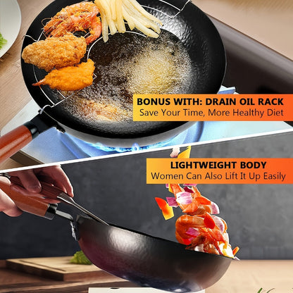 Cast Iron Wok Set 14 Piece 12.6 Inch Flat Bottom Stir Fry Pan with Lid Spatula Accessories for Home Cooking, Dining and Outdoor Meals