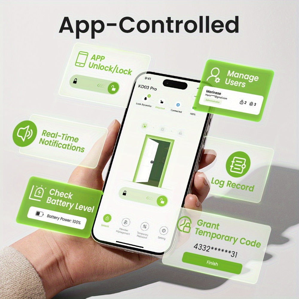 GHome KD03 PRO Smart Door Knob 4-in-1 with USB-C Charging & Gateway Remote – Fingerprint, Keypad & App, Anti-Peep, Tamper Alarm