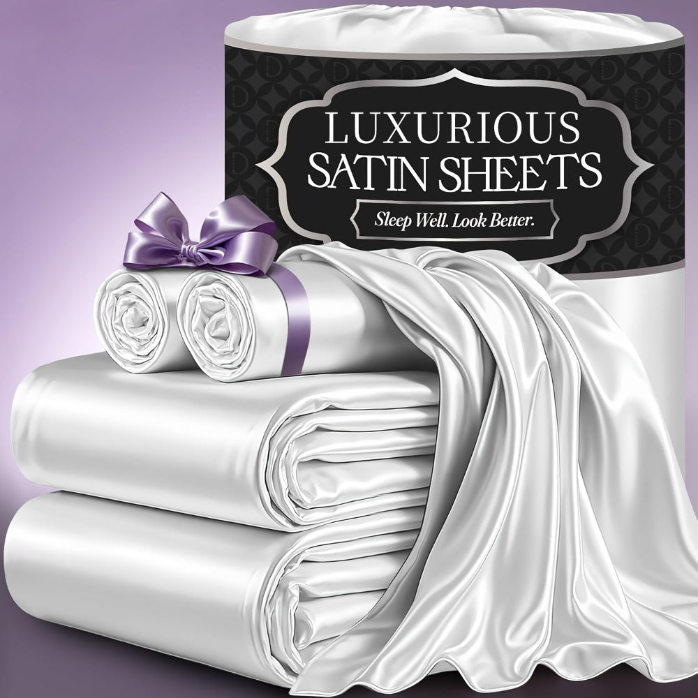 Satin Fitted Sheet Set with Pillowcases – Cooling Smooth Breathable Wrinkle-Resistant Bed Sheets, Machine Washable Ultra Soft for Hot