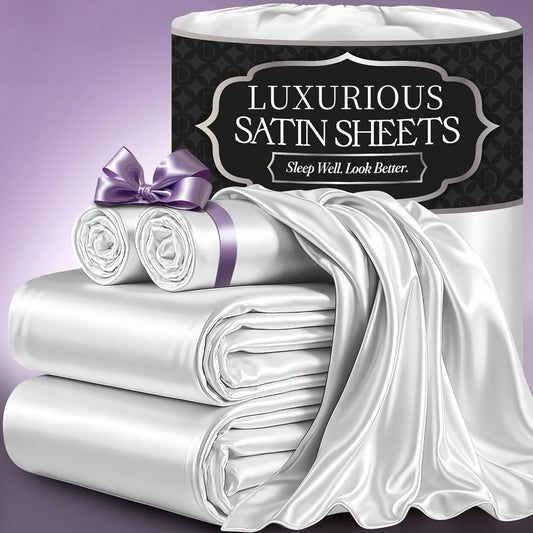Satin Fitted Sheet Set with Pillowcases – Cooling Smooth Breathable Wrinkle-Resistant Bed Sheets, Machine Washable Ultra Soft for Hot