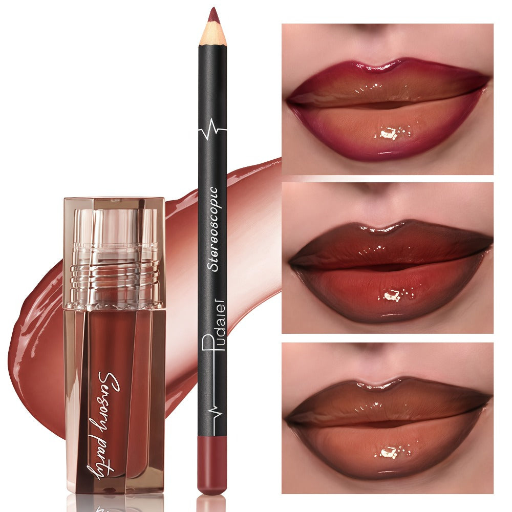 Dewy Glass Lip Gloss & Liner Duo – Hydrating Water-Gloss Luminous Finish with 3D Precision Matte Lip Liner