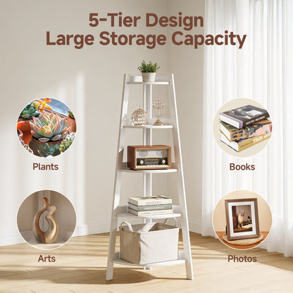 White Five-Tier Ladder-Style Freestanding Corner Shelf, Approximately 110 cm High and 34 cm Wide