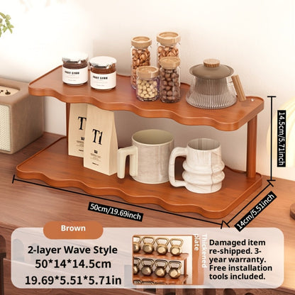 Cup Display Rack Kitchen Organizer 2 or 3 Tier Wave-Style Ladder Shelf in Six Brown Variant Options