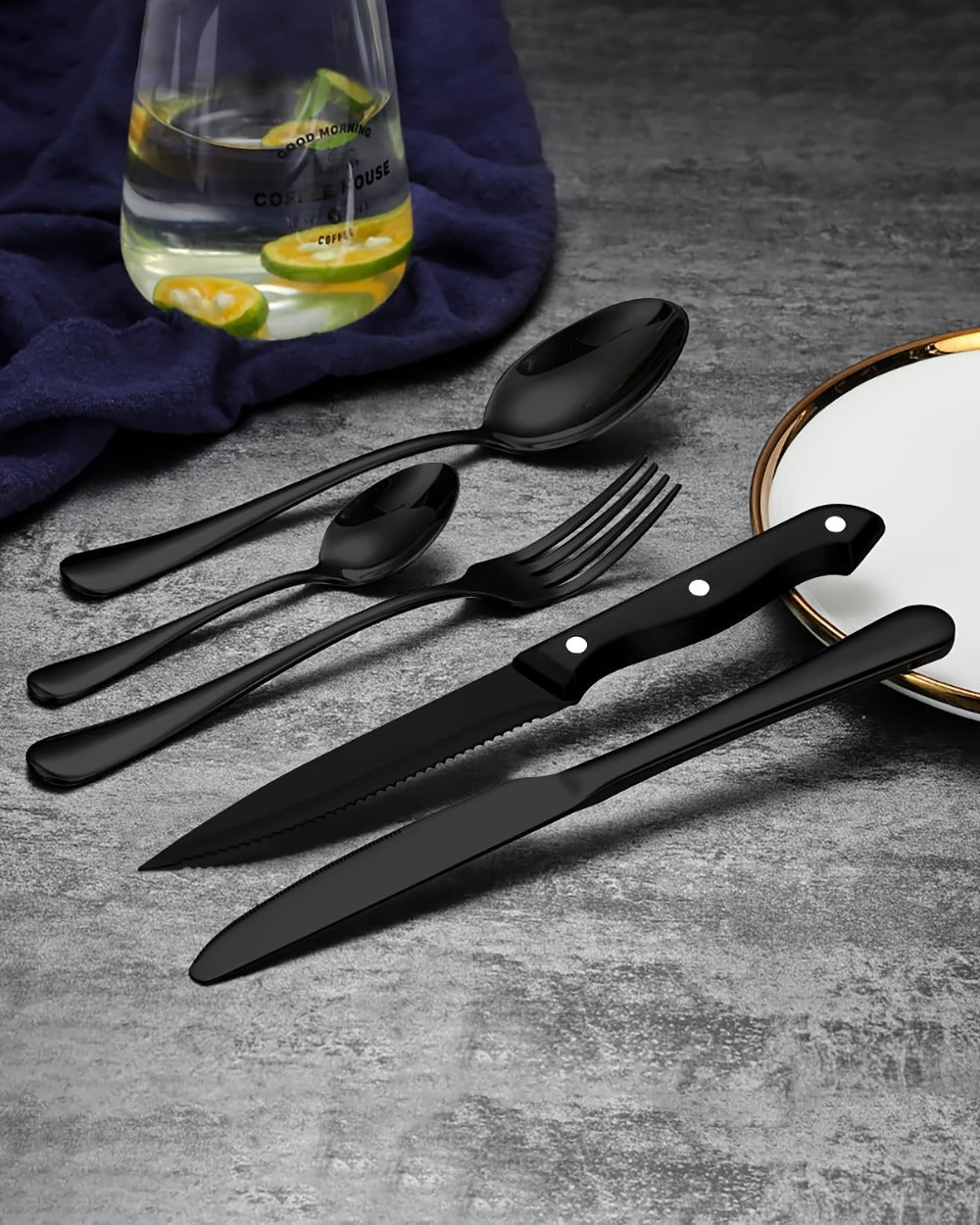 Serrated Steak Knife Dining Set with Six-Piece Place Settings, 24 or 48 Utensils in Silver or Black