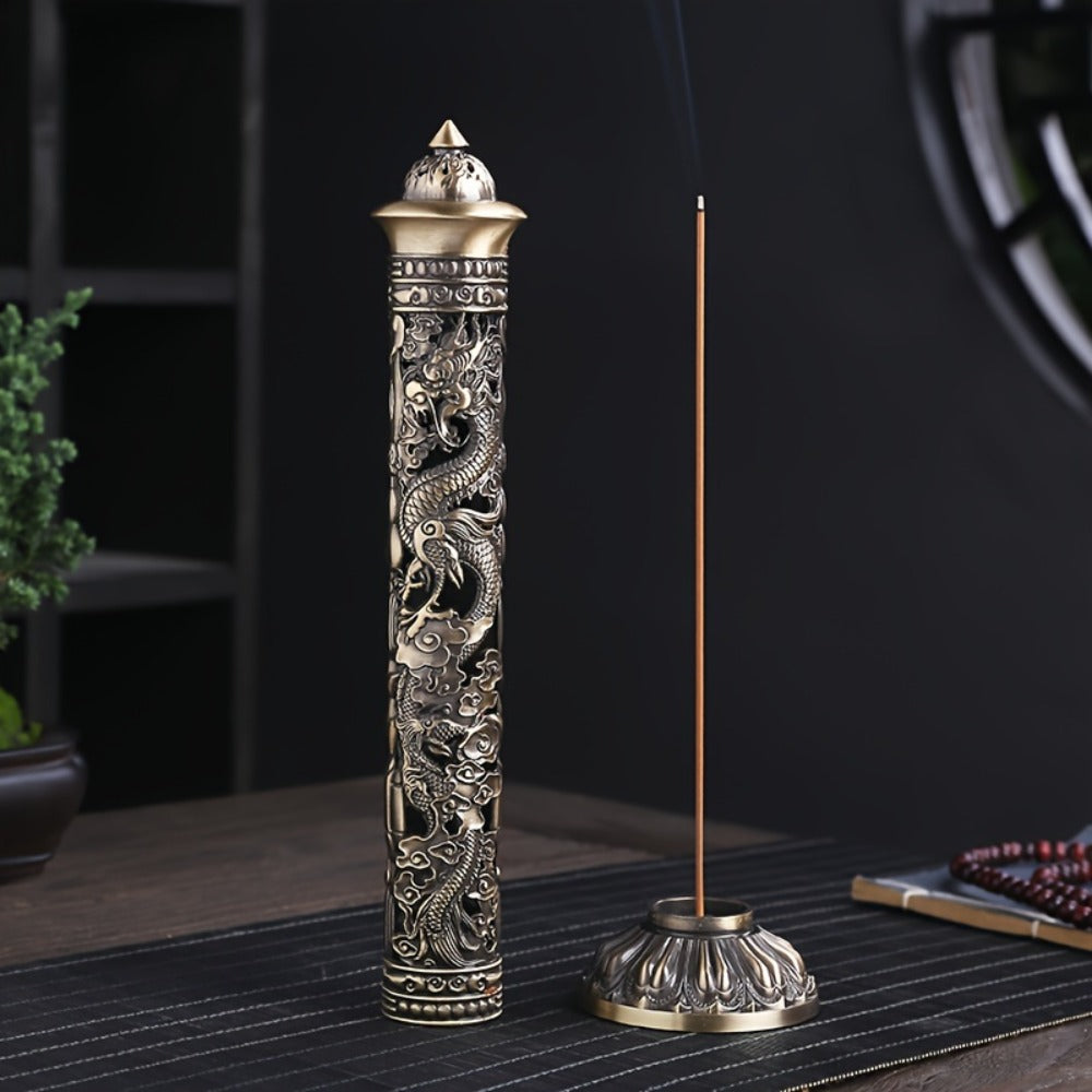 Incense Stick Holder Metal Retro Vertical Design, Dragon & Phoenix Heart Sutra Motif Brass Incense Burner Stand