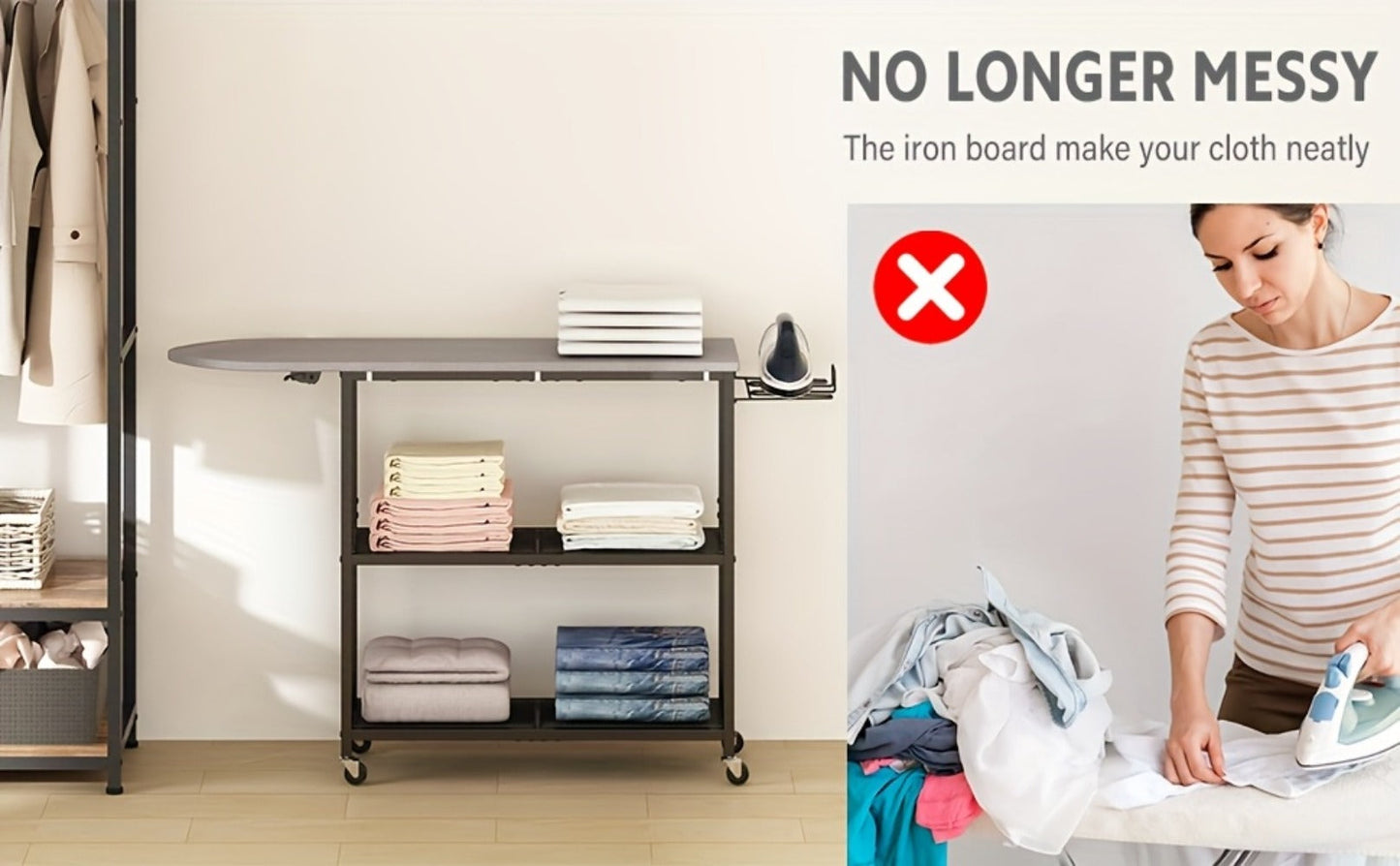 3-Tier Ironing Board Cart with Wheels, Rolling Laundry Station with Multi-Layer Storage Shelves for Living Room