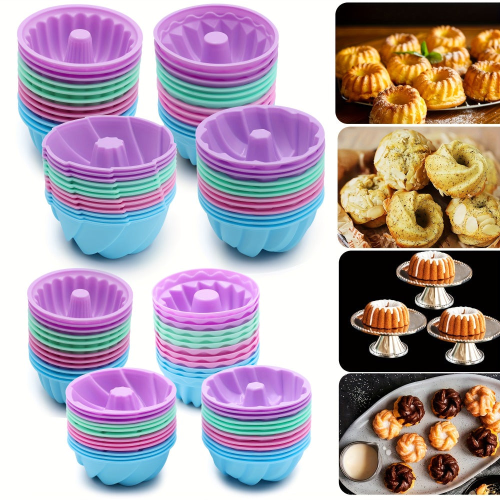 Silicone Donut Mold 48pcs, Nonstick Silicone Baking Cups with 4 Shapes (Thread, Woven, Pumpkin, Flower), Muffin Jello Bagel Pan