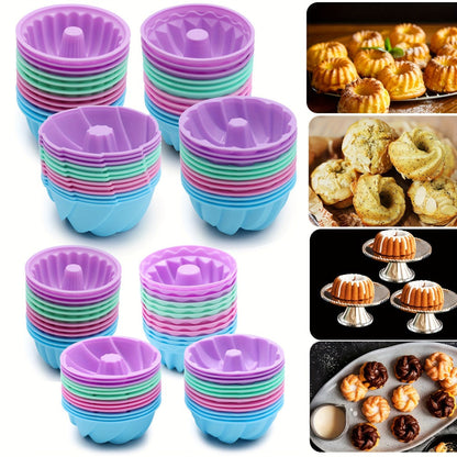 Silicone Donut Mold 48pcs, Nonstick Silicone Baking Cups with 4 Shapes (Thread, Woven, Pumpkin, Flower), Muffin Jello Bagel Pan