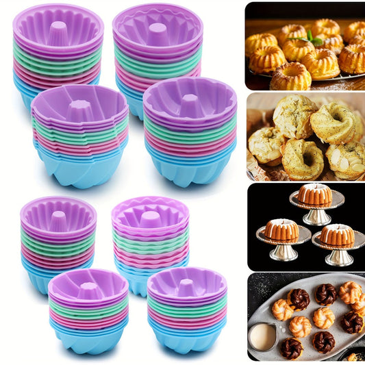 Silicone Donut Mold 48pcs, Nonstick Silicone Baking Cups with 4 Shapes (Thread, Woven, Pumpkin, Flower), Muffin Jello Bagel Pan