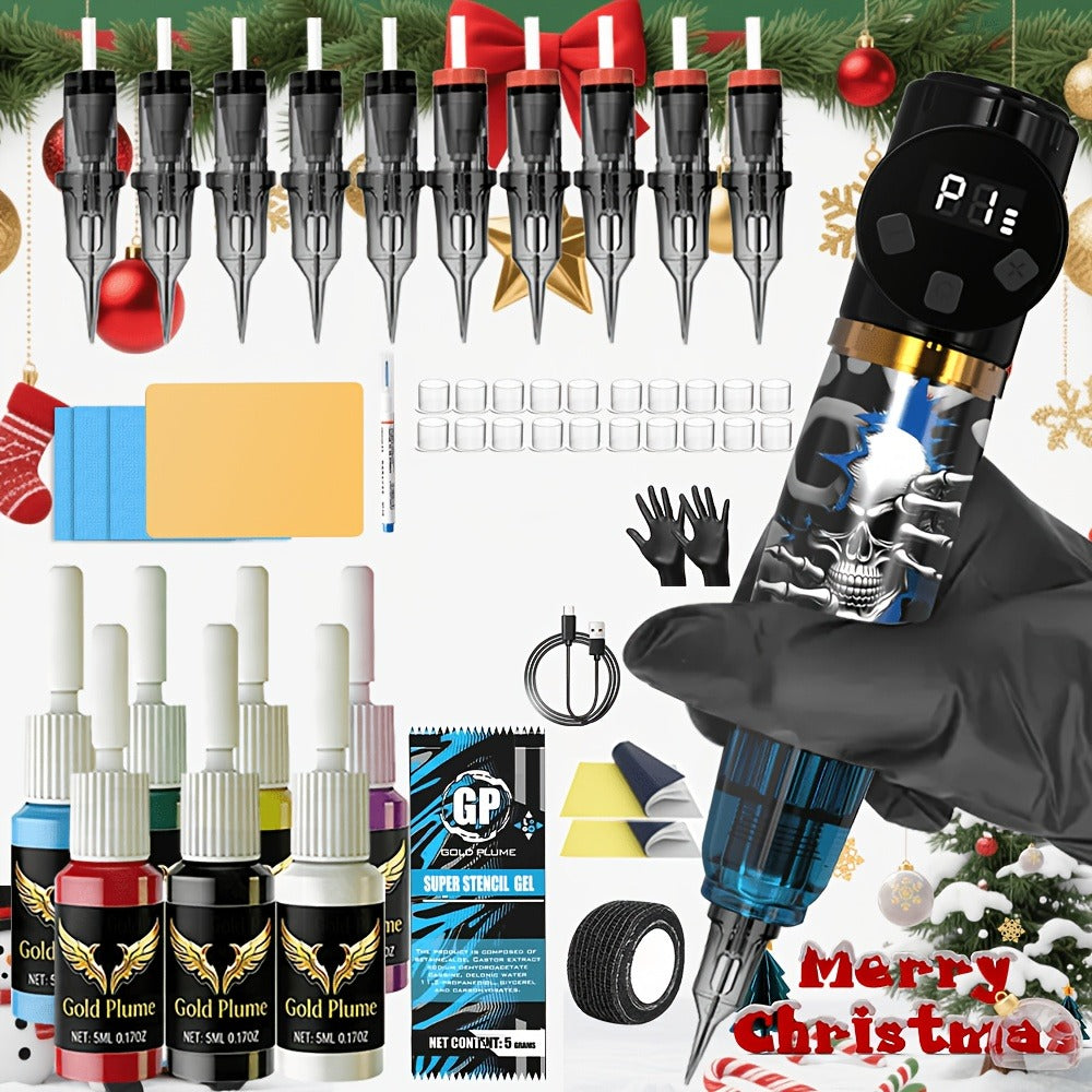 Cordless Tattoo Kit with 1100mAh Skeleton Rotary Pen, 10 Cartridge Needles, 7 Inks and Two Colors