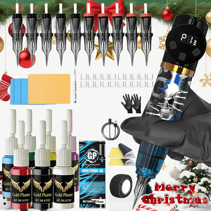 Cordless Tattoo Kit with 1100mAh Skeleton Rotary Pen, 10 Cartridge Needles, 7 Inks and Two Colors