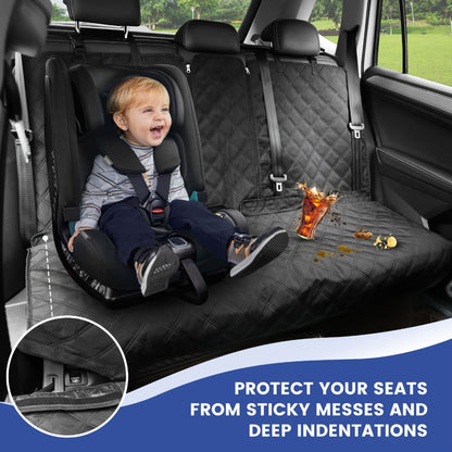 Black Quilted Rear Bench Car Seat Cover with Side Flaps and M, L or XL Three-Seat Vehicle Size Labels