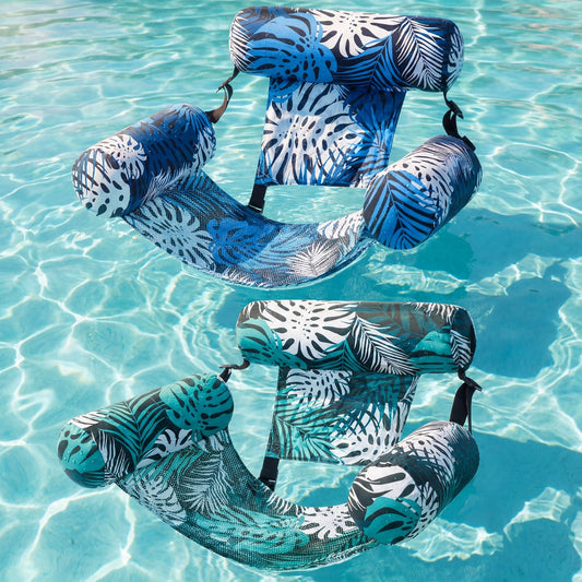 Leaf-Print Inflatable Pool Float Chair with Mesh Sling Seat in Blue, Blue-Green or Red-Cyan Checkout Options