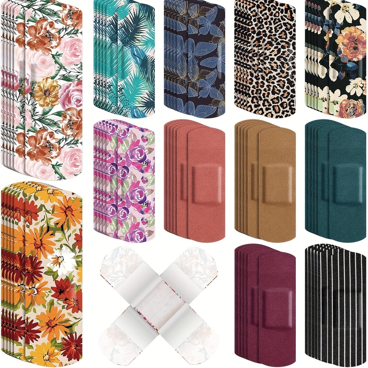 180-Piece Patterned Fabric Adhesive Bandage Pack with 12 Floral, Animal and Solid Color Styles
