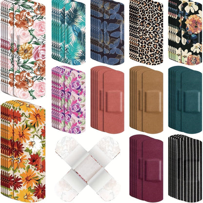180-Piece Patterned Fabric Adhesive Bandage Pack with 12 Floral, Animal and Solid Color Styles