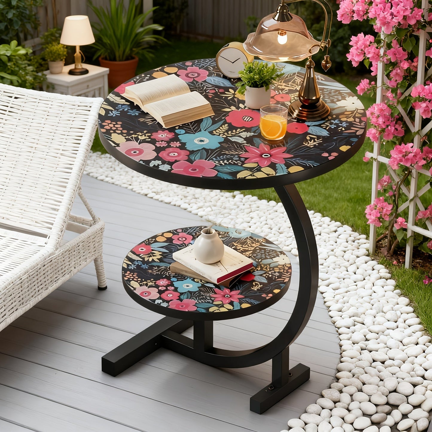 Side Table Round Floral Mandala Printed Top with Metal Frame for Indoor or Outdoor Accent Placement