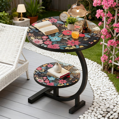 Side Table Round Floral Mandala Printed Top with Metal Frame for Indoor or Outdoor Accent Placement