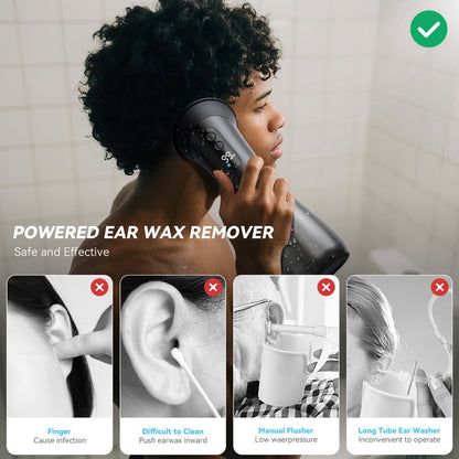 Electric Ear Wax Remover Rechargeable - LED Battery Display, 3 Pressure Levels, Integrated Waste Water Tank