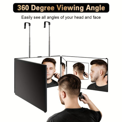 Barber Mirror, 3 Way Mirror for Self Hair Cutting with LED Lights, 360° View Anti-Fog HD Glass USB Rechargeable Folding Barber Mirror