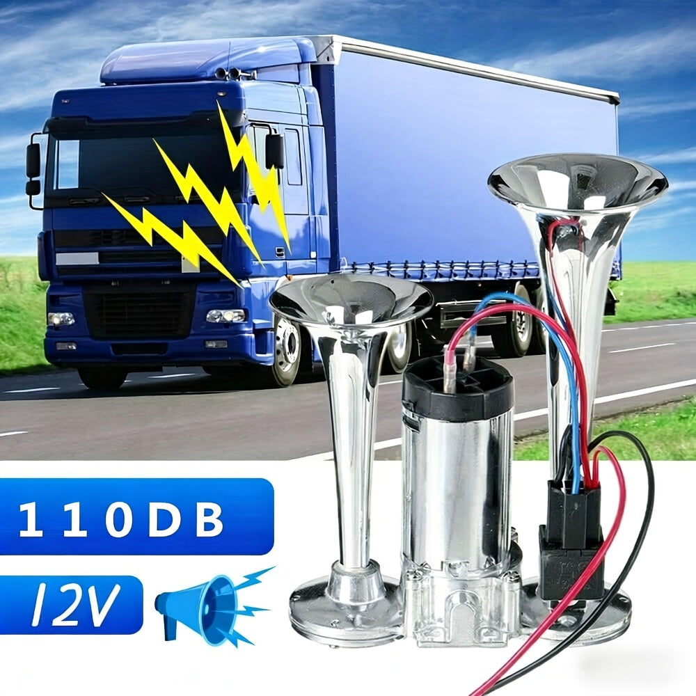Dual Trumpet Air Horn Kit 12V 110dB – Super Loud Electric Horn with Compressor, Chrome Zinc-Alloy, Universal Fit for Car Truck SUV Boat