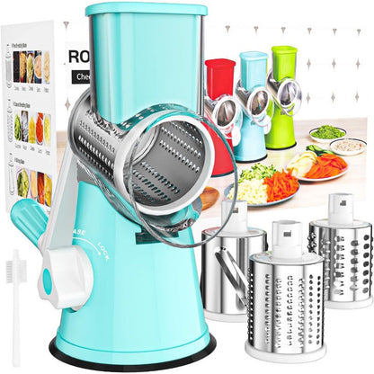 Rotary Cheese Grater with Hand Crank, 3 Interchangeable Blades for Cheese, Vegetables & Nuts, Suction Base
