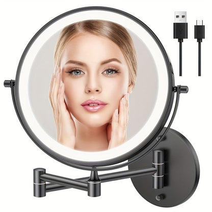 Makeup Mirror with Lights, Wall-Mounted 8-Inch Dual-Sided 1X and 10X with Three Light Colors, Touch Dimming and USB Charging