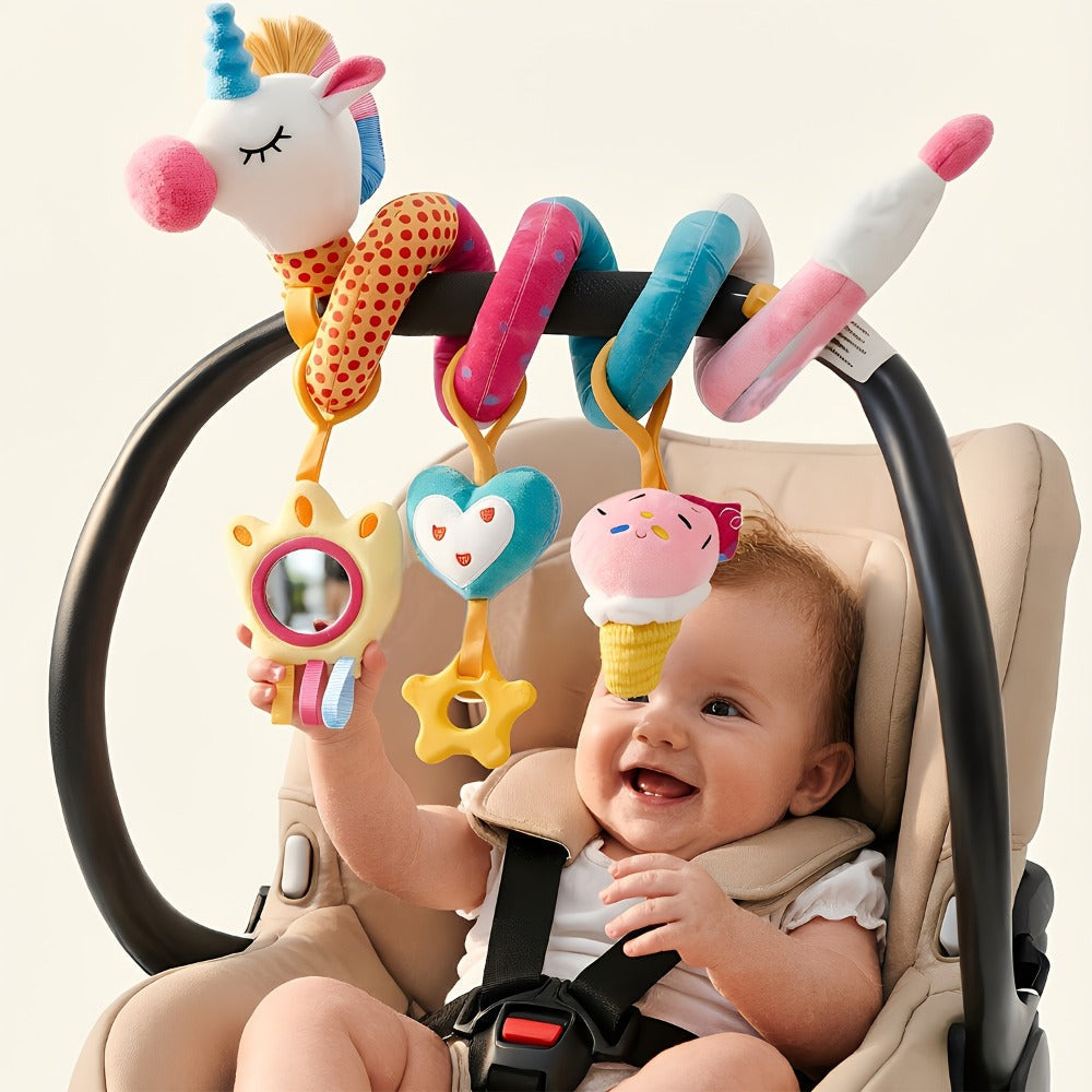 Baby Car Seat Toys 0-6 Months, Unicorn Rattle Mirror Crinkle Squeaky Stroller Toy Set for Infant Girls
