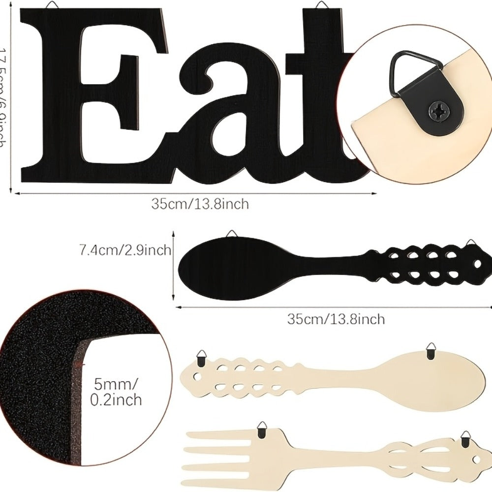 Black Wood EAT Kitchen Wall Decor, Three-Piece Set with Fork, Spoon and 13.8-Inch Letter Sign