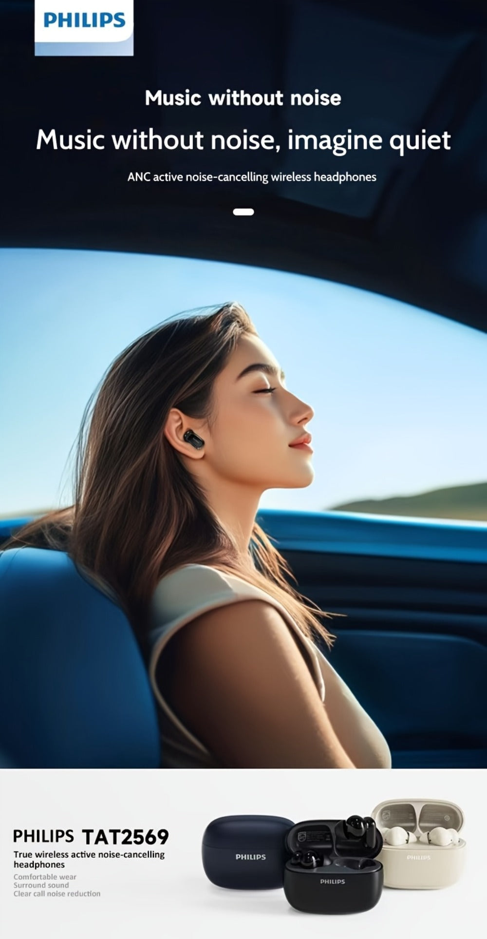 Wireless Earbuds Philips TAT2569 with Active Noise Reduction, Dual Microphones and Type-C Charging Case