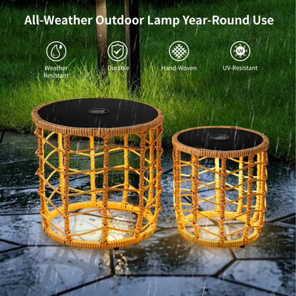 Outdoor Side Tables for Patio, Set of 2 Nesting PE Wicker Frames with Tempered Glass Tops for Patio or Balcony Layouts