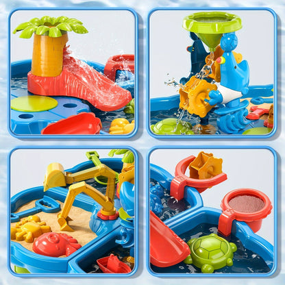 4-in-1 Sand & Water Table for Toddlers & Kids, Outdoor Sensory Play Sandbox Activity Table with Beach Toys