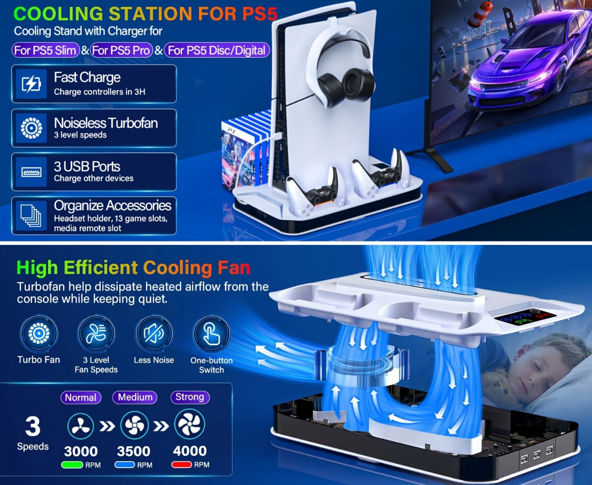 PS5 Cooling Station with USB Hub & Dual Controller Charging Dock for PS5/Slim/Pro, PlayStation 5 Stand Cooler with 3 USB Hubs