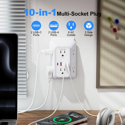 3-Sided Wall Outlet Extender 10-in-1 with 6 AC Outlets & 4 USB Ports (2 USB-A & 2 USB-C) for an Everyday Personal Care Routine