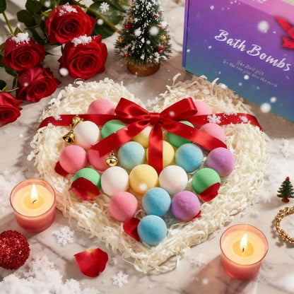 Bath Bombs, 24-Piece Assorted Color Gift Box with Eight Labeled Fragrances and Round Mini Fizzers