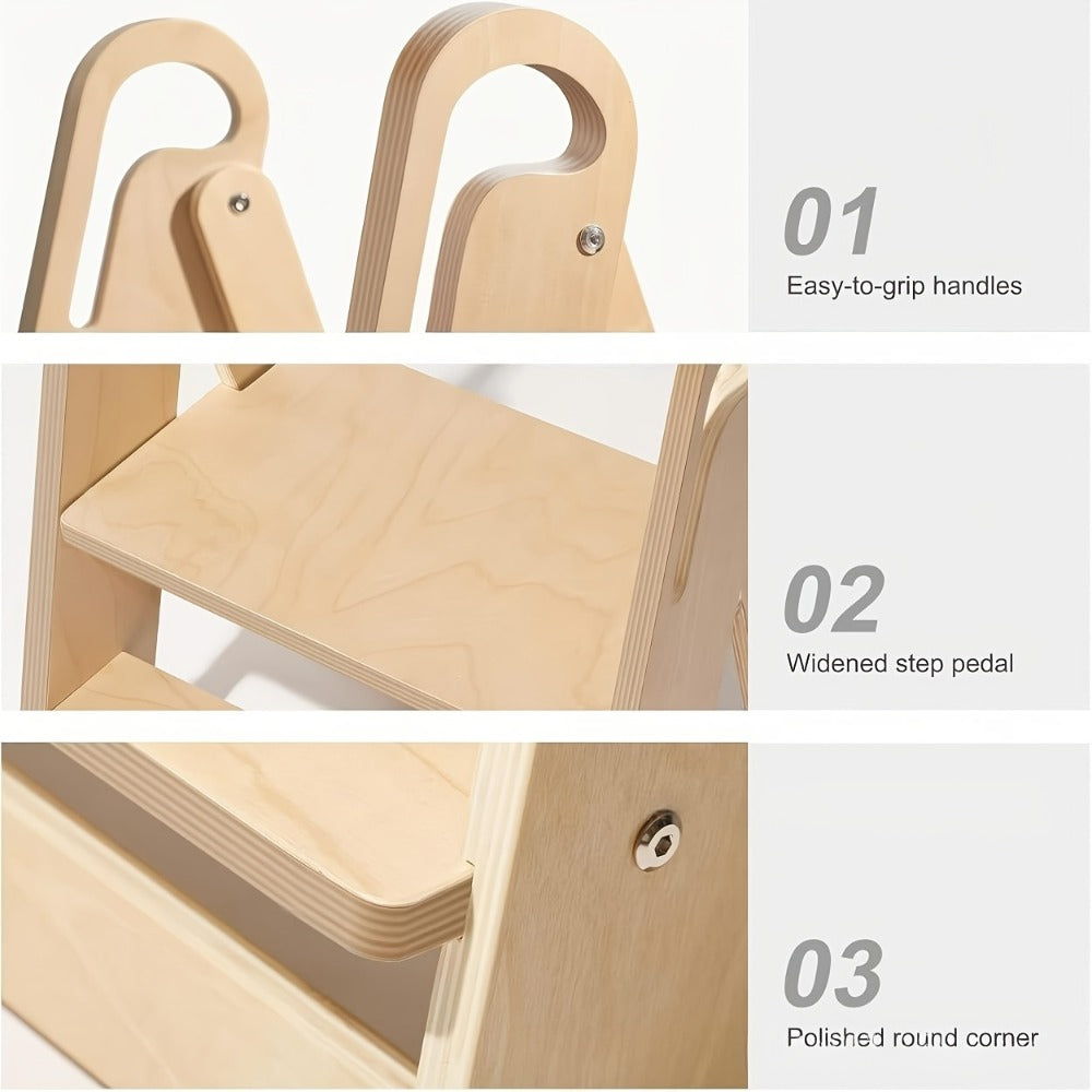 Natural Wood Two-Step Folding A-Frame Stool, 16 x 17 x 22 Inches with Carry Openings and Two Wide Steps