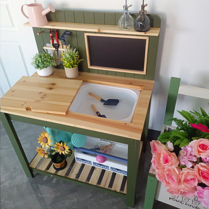 Potting Bench Table Cedar Wood Garden Workstation with Blackboard Removable Sink Hooks Double Shelf for Garden, Patio and Yard Use