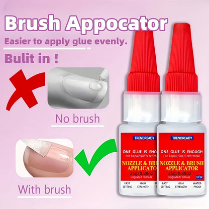 Nail Glue Salon Grade Super Glue 2-Pack, Clear Adhesive for Artificial Nails, Multi-Surface, with Dropper & Brush