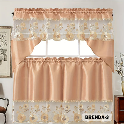 Kitchen Curtains 3 Piece Set Embroidered Satin Valance and Tiers – Rod Pocket Light Filtering Machine Washable 46 Colors