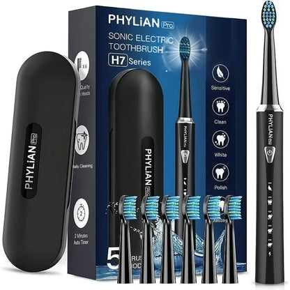 H7 Sonic Electric Toothbrush Kit in Pink, Black or Purple with Six Brush Heads and Travel Case